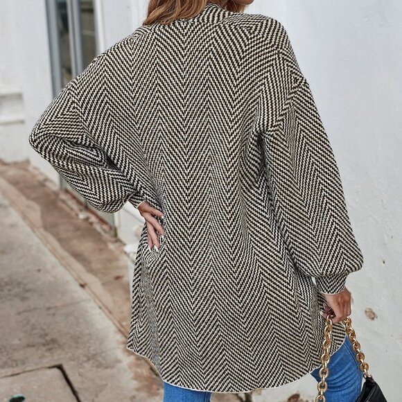 Coffee Brown Preppy Womens Lantern Sleeve Drop Shoulder Duster Cardigan - Picture 3 of 5